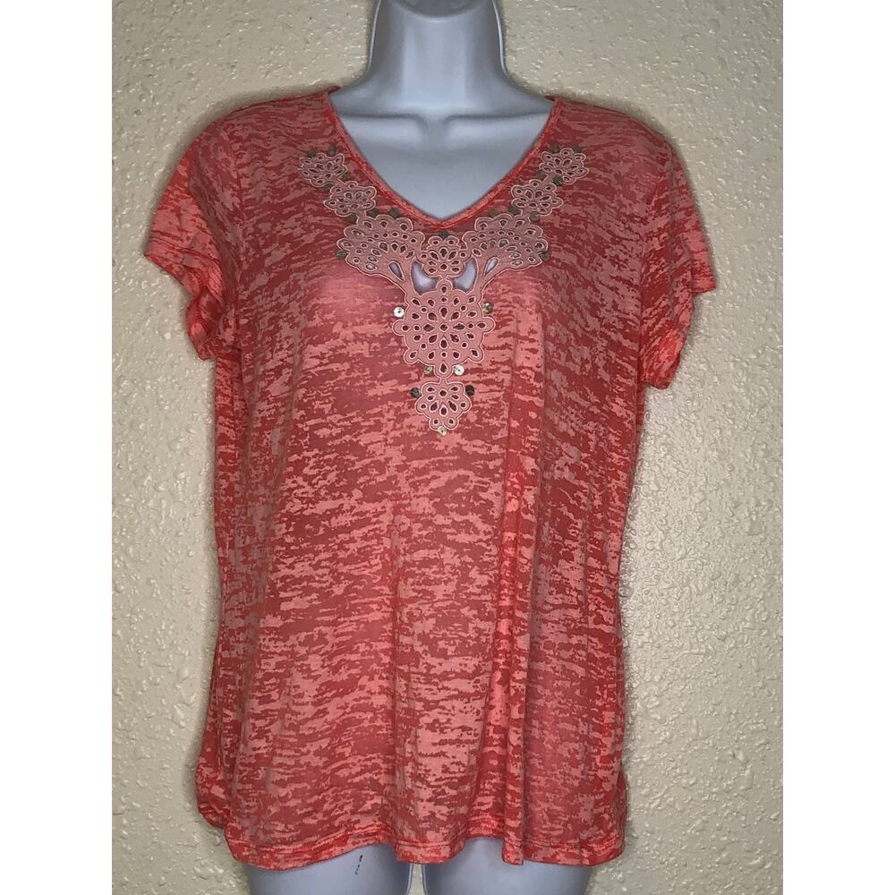 Ruby Rd. Semi Sheer Top Medium Pink Embroidered Neckline Abalone Sequins